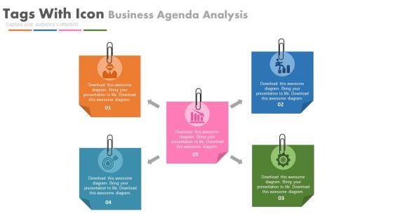 Five Paper Tags With Icons To Present Agenda Powerpoint Slides