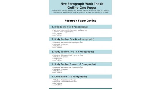 Five Paragraph Work Thesis Outline One Pager PDF Document PPT Template