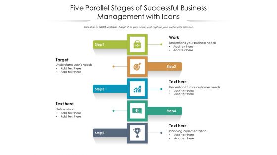 Five Parallel Stages Of Successful Business Management With Icons Ppt PowerPoint Presentation Slides Shapes PDF