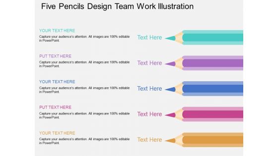 Five Pencils Design Team Work Illustration PowerPoint Template