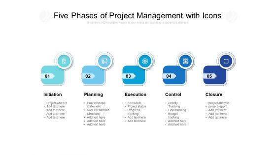 Five Phases Of Project Management With Icons Ppt PowerPoint Presentation Portfolio Inspiration PDF