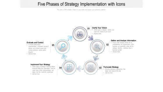 Five Phases Of Strategy Implementation With Icons Ppt PowerPoint Presentation Styles Demonstration