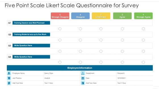 Five Point Scale Likert Scale Questionnaire For Survey Summary PDF