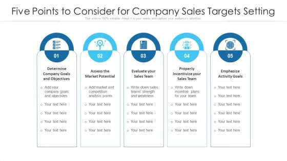 Five Points To Consider For Company Sales Targets Setting Ppt PowerPoint Presentation File Microsoft PDF