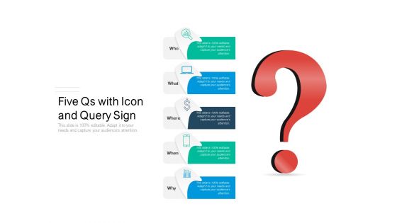 Five Qs With Icon And Query Sign Ppt PowerPoint Presentation Pictures Designs PDF