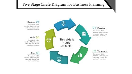 Five Stage Circle Diagram For Business Planning Ppt PowerPoint Presentation Summary