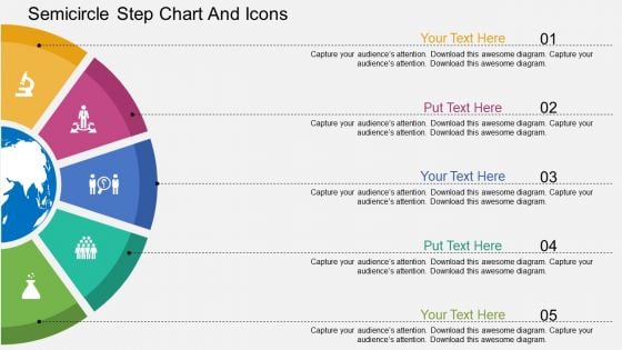 Five Staged Semicircle Step Chart And Icons Powerpoint Template