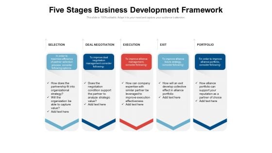 Five Stages Business Development Framework Ppt PowerPoint Presentation Portfolio Brochure PDF