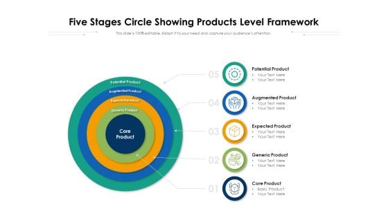 Five Stages Circle Showing Products Level Framework Ppt PowerPoint Presentation Gallery Layout Ideas PDF