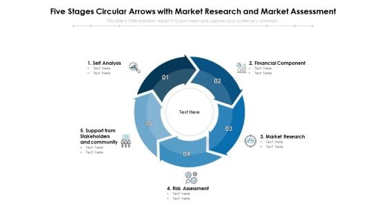 Five Stages Circular Arrows With Market Research And Market Assessment Ppt PowerPoint Presentation Infographic Template Slideshow PDF