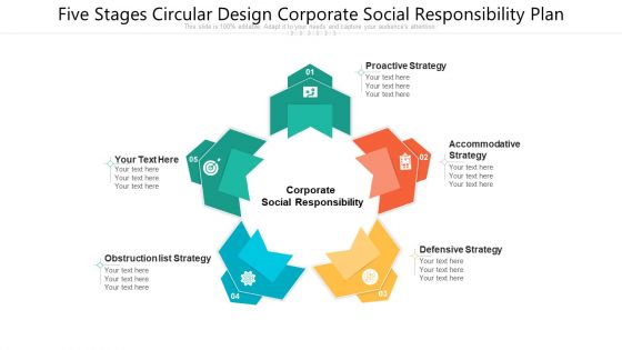 Five Stages Circular Design Corporate Social Responsibility Plan Ppt PowerPoint Presentation File Background Designs PDF