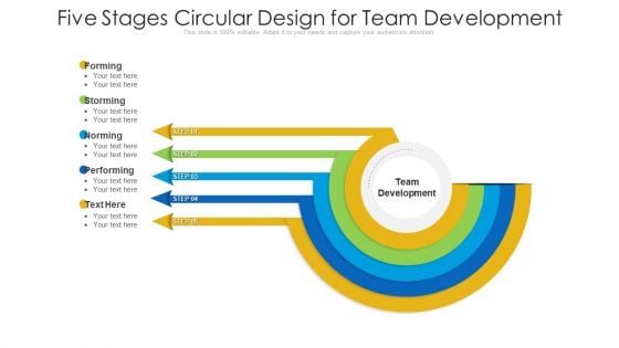 Five Stages Circular Design For Team Development Ppt PowerPoint Presentation File Slide Portrait PDF