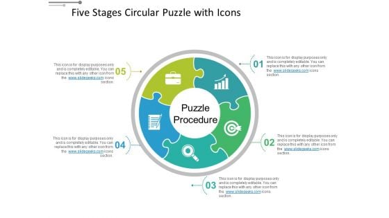 Five Stages Circular Puzzle With Icons Ppt PowerPoint Presentation File Microsoft