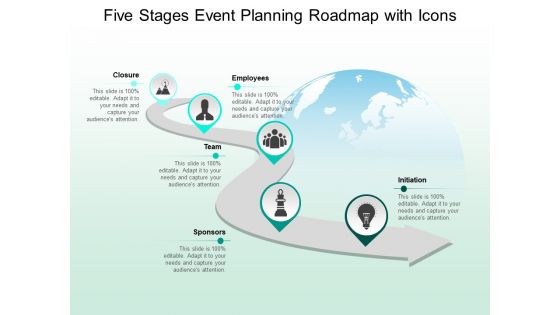 Five Stages Event Planning Roadmap With Icons Ppt PowerPoint Presentation Pictures Shapes