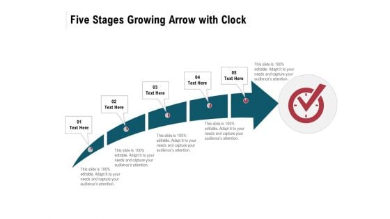 Five Stages Growing Arrow With Clock Ppt PowerPoint Presentation Gallery Inspiration PDF