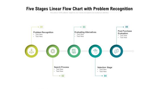 Five Stages Linear Flow Chart With Problem Recognition Ppt PowerPoint Presentation File Ideas PDF