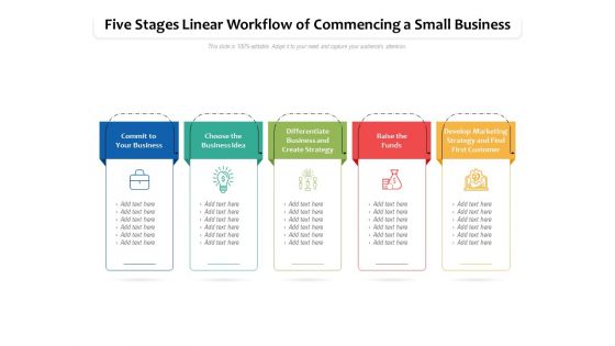 Five Stages Linear Workflow Of Commencing A Small Business Ppt PowerPoint Presentation Icon Designs Download PDF