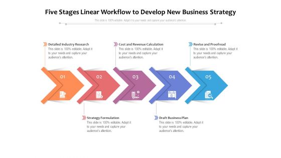 Five Stages Linear Workflow To Develop New Business Strategy Ppt PowerPoint Presentation Pictures Example Introduction PDF