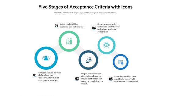 Five Stages Of Acceptance Criteria With Icons Ppt PowerPoint Presentation File Influencers PDF