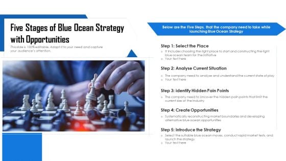 Five Stages Of Blue Ocean Strategy With Opportunities Ppt Powerpoint Presentation Gallery Clipart Images PDF