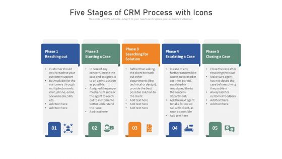 Five Stages Of CRM Process With Icons Ppt PowerPoint Presentation Show Example PDF