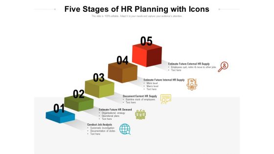 Five Stages Of HR Planning With Icons Ppt PowerPoint Presentation File Ideas PDF