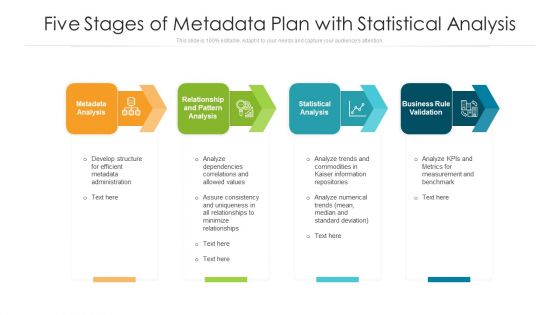 Five Stages Of Metadata Plan With Statistical Analysis Ppt PowerPoint Presentation File Infographics PDF