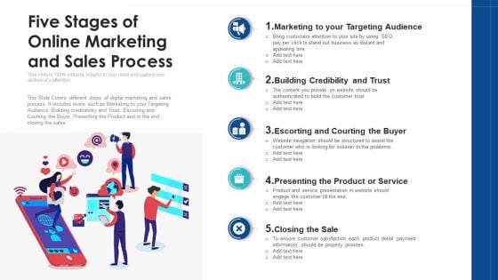 Five Stages Of Online Marketing And Sales Process Ppt Layouts Ideas PDF