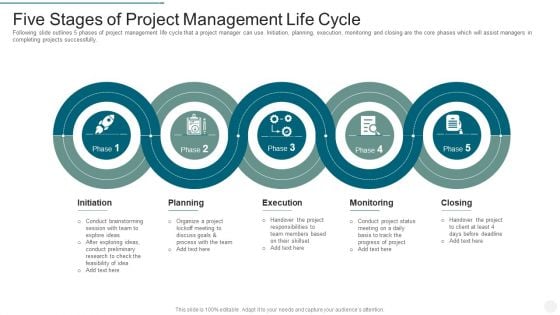 Five Stages Of Project Management Life Cycle Diagrams PDF