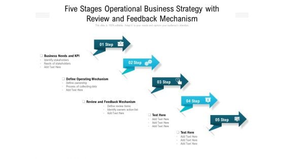Five Stages Operational Business Strategy With Review And Feedback Mechanism Ppt PowerPoint Presentation Slides Example PDF
