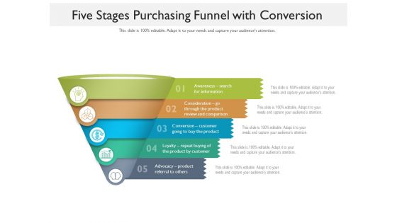 Five Stages Purchasing Funnel With Conversion Ppt PowerPoint Presentation File Graphics Pictures PDF