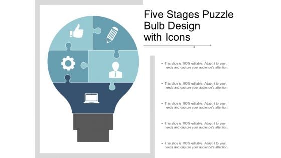 Five Stages Puzzle Bulb Design With Icons Ppt PowerPoint Presentation Styles Structure