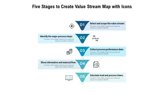 Five Stages To Create Value Stream Map With Icons Ppt PowerPoint Presentation Infographic Template Pictures PDF