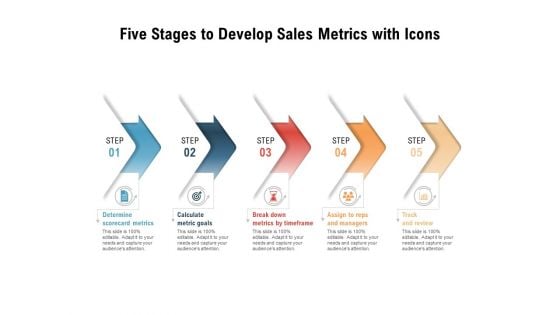 Five Stages To Develop Sales Metrics With Icons Ppt PowerPoint Presentation Icon Graphics Tutorials PDF