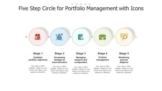 Five Step Circle For Portfolio Management With Icons Ppt PowerPoint Presentation Gallery Background Designs PDF