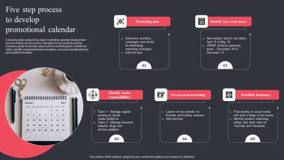 Five Step Process To Develop Promotional Calendar Background PDF