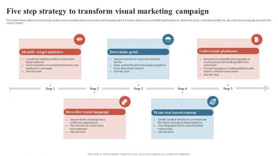 Five Step Strategy To Transform Visual Marketing Campaign Ppt PowerPoint Presentation Styles Graphics Template PDF