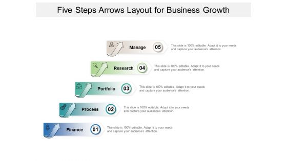 Five Steps Arrows Layout For Business Growth Ppt PowerPoint Presentation Summary Infographics PDF