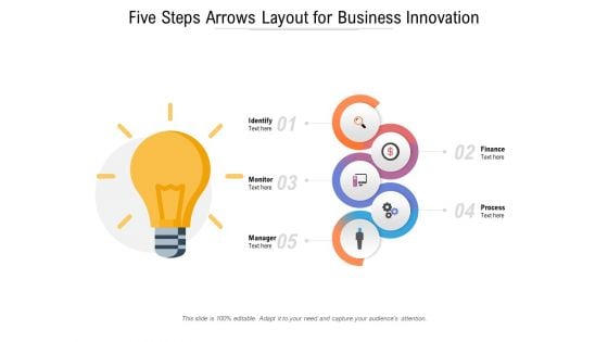 Five Steps Arrows Layout For Business Innovation Ppt PowerPoint Presentation Layouts Slide Download PDF