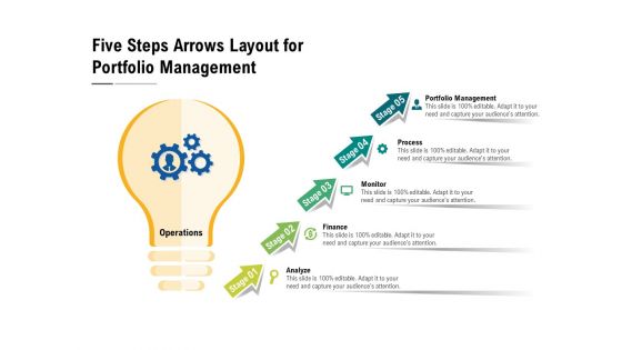 Five Steps Arrows Layout For Portfolio Management Ppt PowerPoint Presentation Portfolio Example PDF