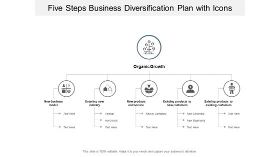 Five Steps Business Diversification Plan With Icons Ppt PowerPoint Presentation Layouts Topics