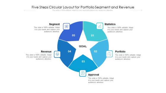 Five Steps Circular Layout For Portfolio Segment And Revenue Ppt PowerPoint Presentation File Background Designs PDF