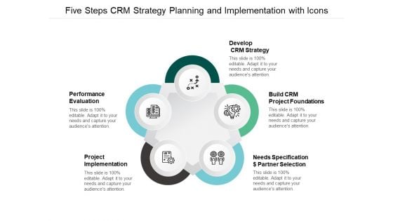 Five Steps Crm Strategy Planning And Implementation With Icons Ppt Powerpoint Presentation Outline Files