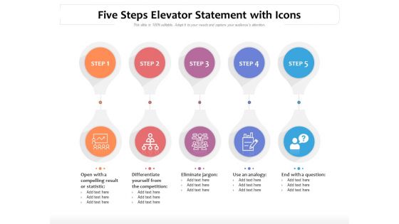 Five Steps Elevator Statement With Icons Ppt PowerPoint Presentation Gallery Format PDF