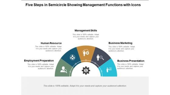 Five Steps In Semicircle Showing Management Functions With Icons Ppt PowerPoint Presentation Icon Pictures