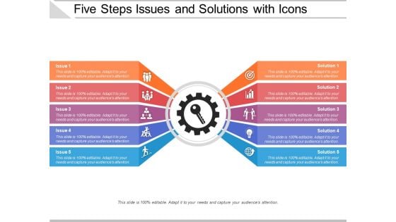 Five Steps Issues And Solutions With Icons Ppt PowerPoint Presentation Gallery Mockup PDF