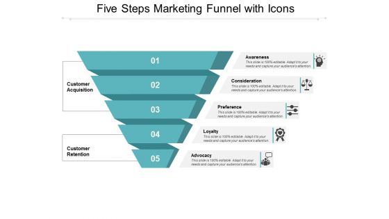 Five Steps Marketing Funnel With Icons Ppt PowerPoint Presentation Inspiration Example File