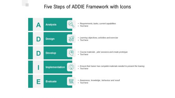 Five Steps Of ADDIE Framework With Icons Ppt PowerPoint Presentation Outline Clipart Images PDF