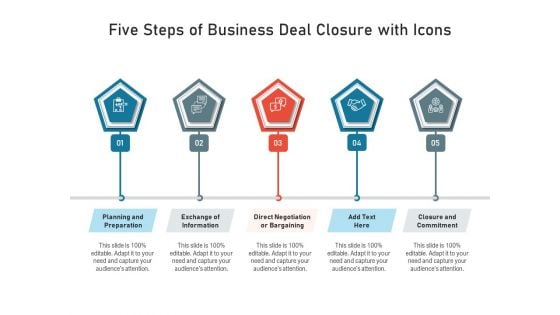 Five Steps Of Business Deal Closure With Icons Ppt PowerPoint Presentation Gallery Files PDF