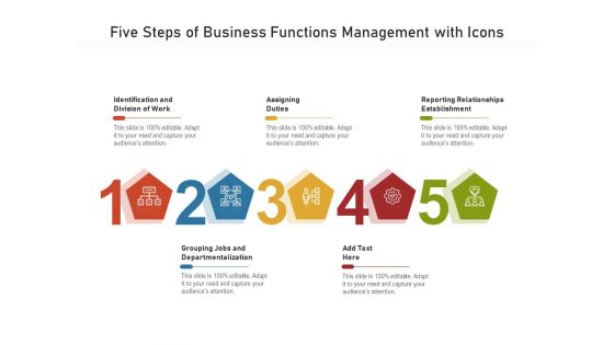 Five Steps Of Business Functions Management With Icons Ppt PowerPoint Presentation File Graphics Design PDF